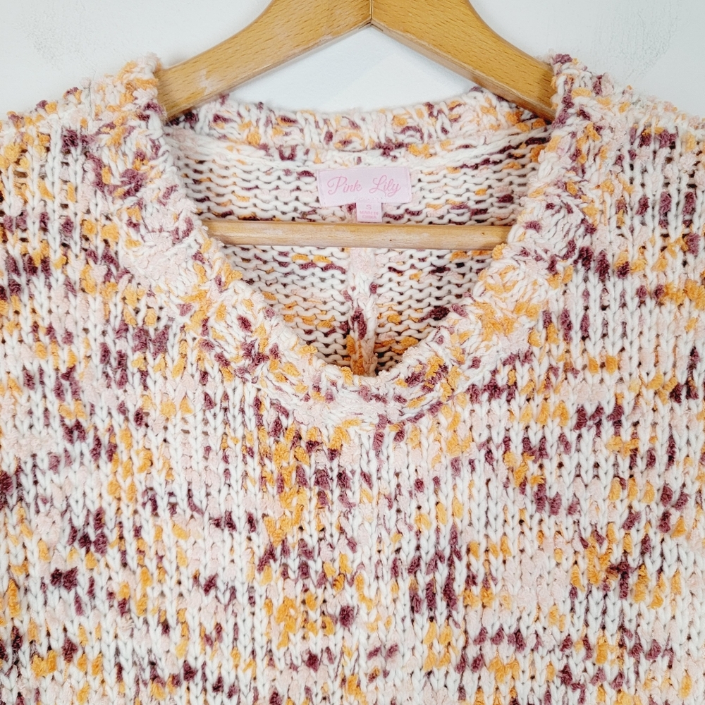 Pink Lily Oversized Knit Crochet Dolman Sleeve Crew Neck Sweater Small 0304